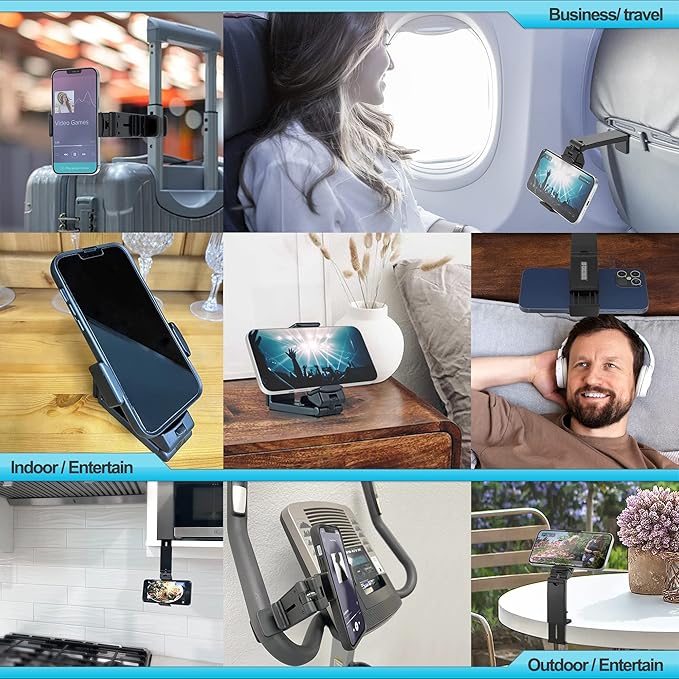 Beyond Cell Travel Accessories, Universal Seat Back Tray Table Phone Clip Holder, Adjustable Pocket Size Hands Free Phone Holder Airplane Travel Essentials Compatible with iPhone and Android