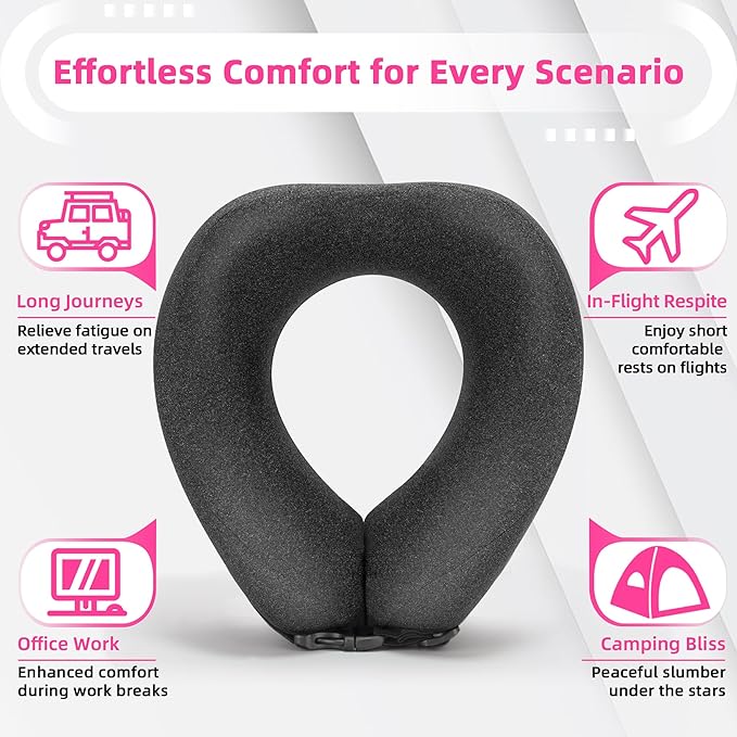 Neck Pillow Airplane Travel Set - Pure Memory Foam Travel Pillow for Long Flights Essentials, Sleeping with 3D Contoured Eye Mask, Earplugs, Portable Bag (Grayish)