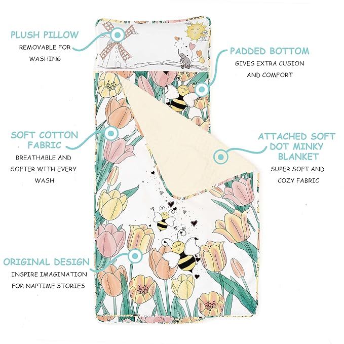 JumpOff Jo Extra Long Nap Mat for Kids - Cozy Kids Rest Mat with Removable Pillow and Ultra Soft Blanket for Preschool, Daycare, and Sleepovers - Tulip Fields