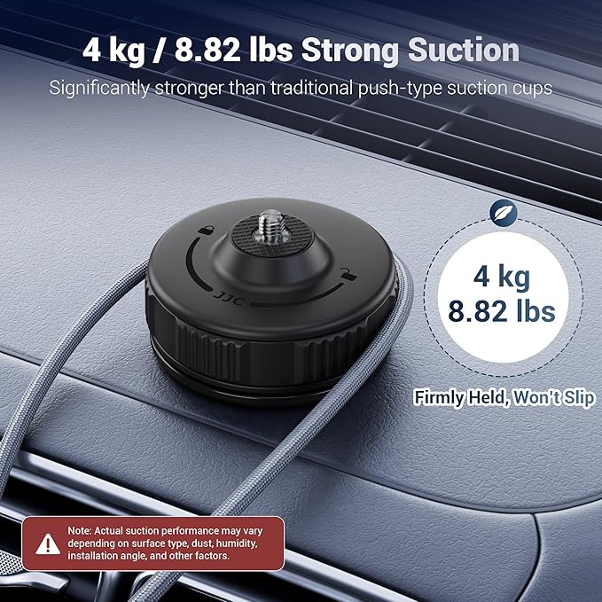 JJC Portable Camera Suction Cup Mount with 1/4" Male Screw, Twist-Lock Vacuum Suction Mount Compatible with DJI Pocket 4/3, Action 6, Gopro Hero 13/12, Insta360 X5 & Phones for Video Recording Filming