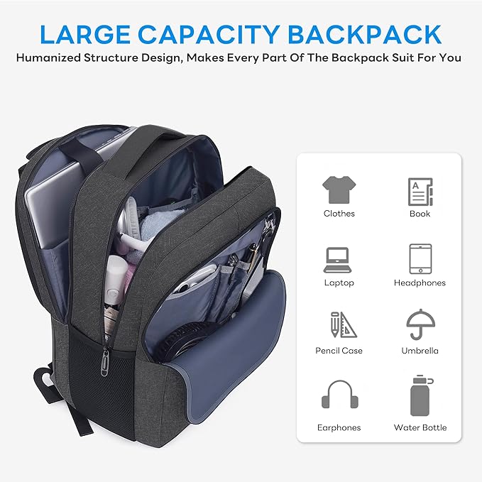 TANTOMI 17 Inch Travel Laptop Backpack for Men Women, Business Laptop Backpack with Anti Theft & USB Charging Port, Water Resistant Durable School Computer Backpack for Travel, Work, Daily Carry