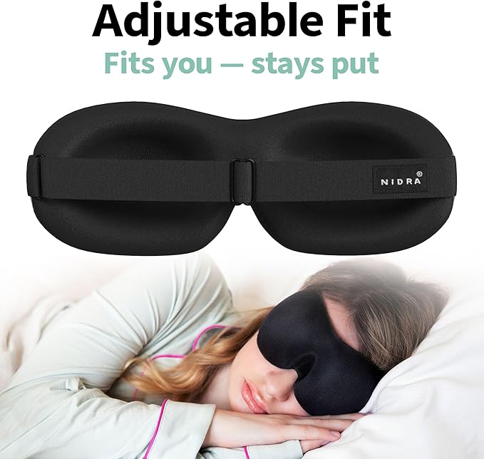 Nidra Contoured Sleep Mask for Men Women – Zero Pressure Fit, Light Blocking Eye Shade for Side Sleeping & Travel – Black, Small Size