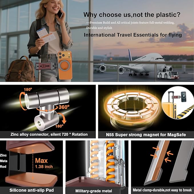 for MagSafe Airplane Phone Holder Mount Travel Essentials for Plane,N55*40 Pro Magnetic Phone Stand for Desk Tray Table,360° Swivel Travel Gifts for Women Men Airplane Gadgets Cruise Must Haves Red