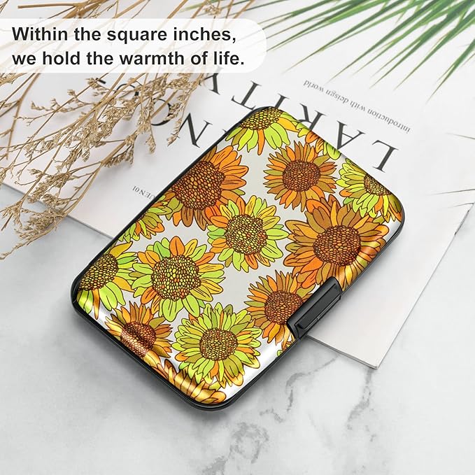 ELFISH Mini RFID Aluminum Wallet Credit Cards Holder Business Card Case Metal ID Case for Men Women(Sunflowers)