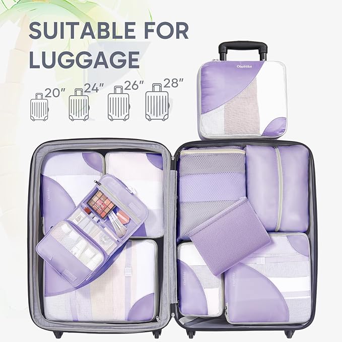 OlarHike ALL INCLUDED 10 Set Durable Packing Cubes for Travel,Gifts for Women Mom,Luggage & Suitcase Organizers with Toiletry Bag,Vacation Essentials for Cruise & Plane,Beach Accessories,Light Purple