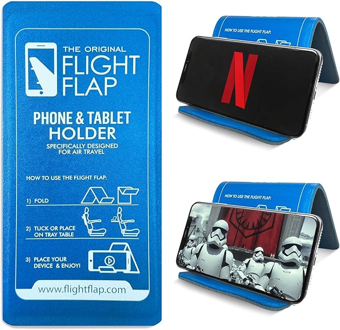 Flight Flap Airplane Phone Holder, Flexible Cell Phone Holder, Folding Cellphone Stand for Desk, Bed, Office, Treadmill - Airplane Gadgets for Long Travel Accessories - Plane Essentials (Blue)
