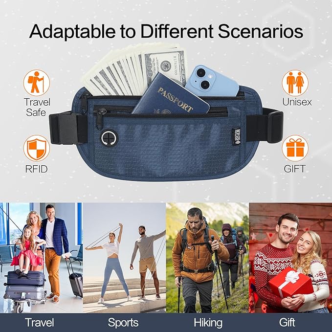 Slim Money Belt for Travel - Anti-Theft Hidden Passport Holder Waist Wallet with Secure Pouch for Cash, Credit Cards & Phone Safe (Small Navy Blue)