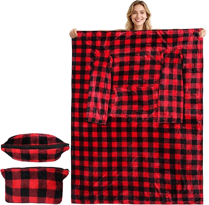 Catalonia Packable Travel Wearable Blanket Pillow with Sleeves for Adults, 2 in 1 Wearable Blanket with Pockets