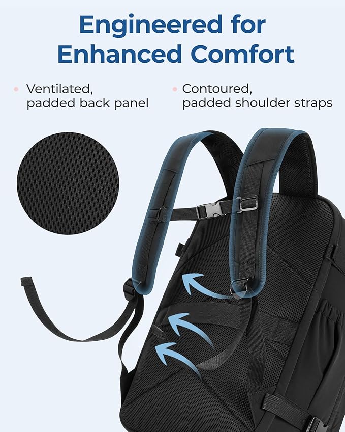 BAGSMART 30L Unisex Black Travel Backpack, 17 Inch Laptop Compartment, Water Resistant, Large Capacity, Padded Strap, Zipper Closure