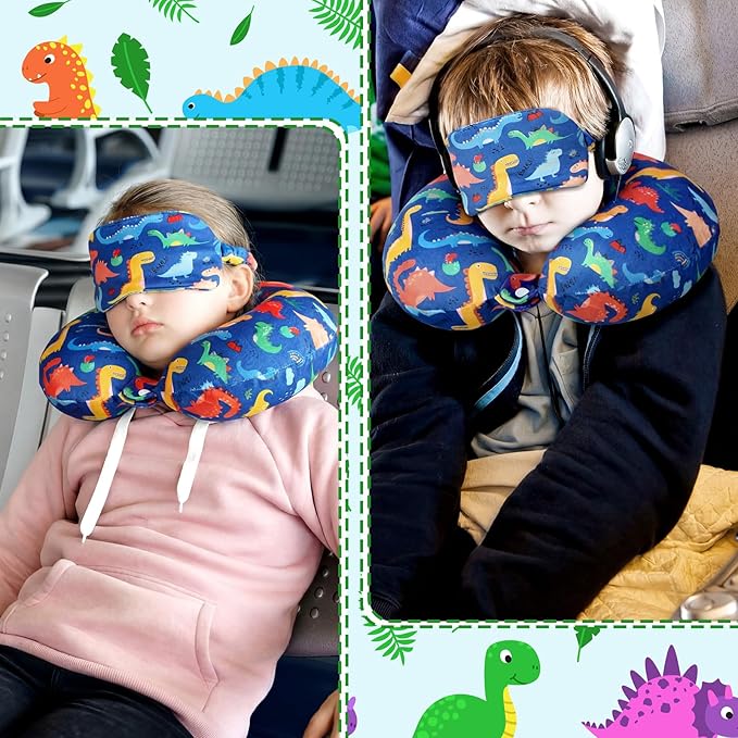 Gilprop 2 Pcs Dinosaur Travel Pillow with Sleep Eye Mask, U Shaped Memory Foam Headrest & Neck Pillow with Washable Cover, Soft Neck Head Support Travel Accessories for Airplane Car Train Bus Trips