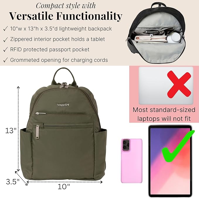 Baggallini Securtex® Anti-theft Vacation Travel Backpack 10x13 Slash-Resistant Nylon Daypack w/RFID