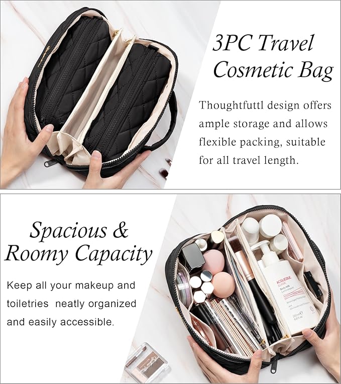 Travel Makeup Bag, 3 Pcs Large Capacity Puffy Toiletry Bag for Women, Open Flat Quilted Make up Cosmetic Organizer w/Handle & Clear Divider Water-resistant Portable Pouch Travel Essentials, M-Black