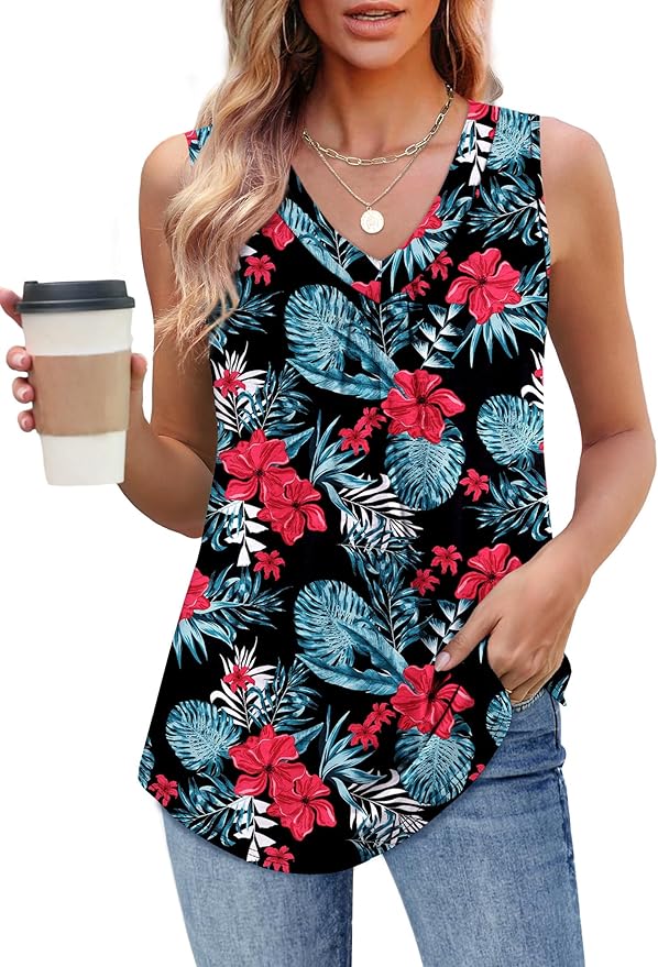 OFEEFAN Tank Top for Women Loose Fit Sleeveless Shirts V Neck Summer Clothes Ruched Women's Tees and Tanks Curved Hem