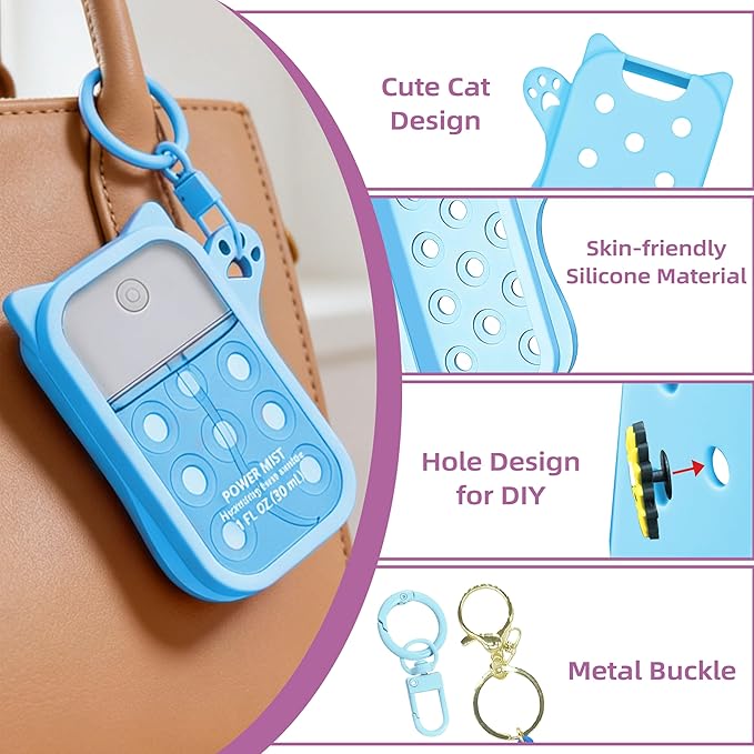 Mlife Hand Sanitizer Spray Case for Touchland Silicone Touchland Case Cat Silicone Case compatible with Touchland Power Mist 1FL OZ/30ML with Keychain &10Pcs Charms(Blue)