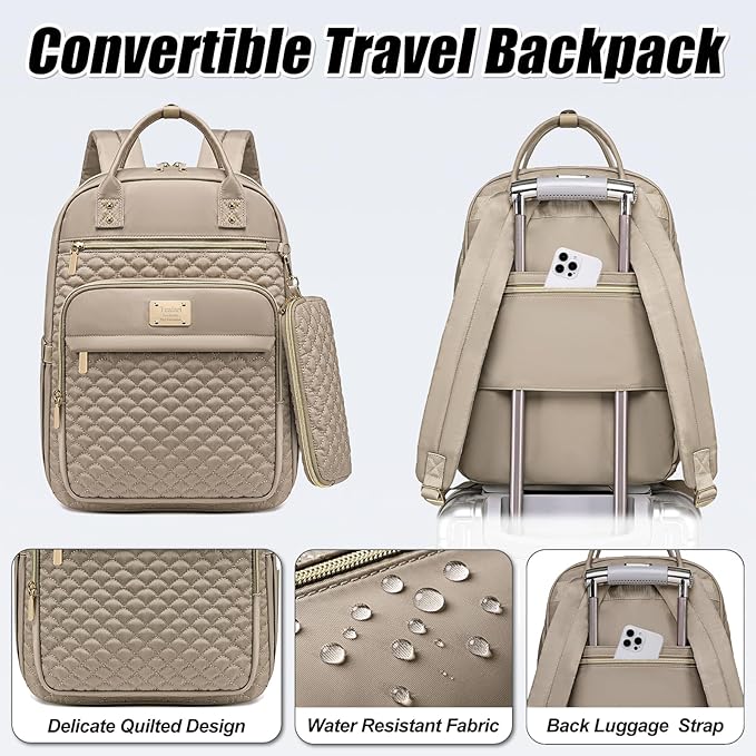 Tealari Laptop Backpack for Women,15.6 Inch Laptop Backpack for Work,Water Resistant Travel Backpack,College Bookbag with Wallet (Khaki)