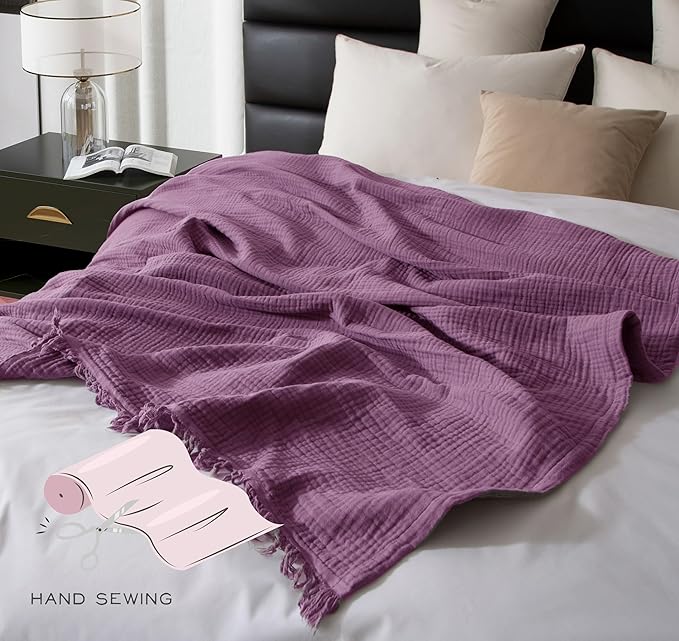 KyraHome 100% Organic Cotton 50"x60" Muslin Throw Blankets for Adults, Couch Picnic, Travel, Plant Dyed, Lightweight Gauze Soft Summer Blankets, All Season, Purple/Lavender