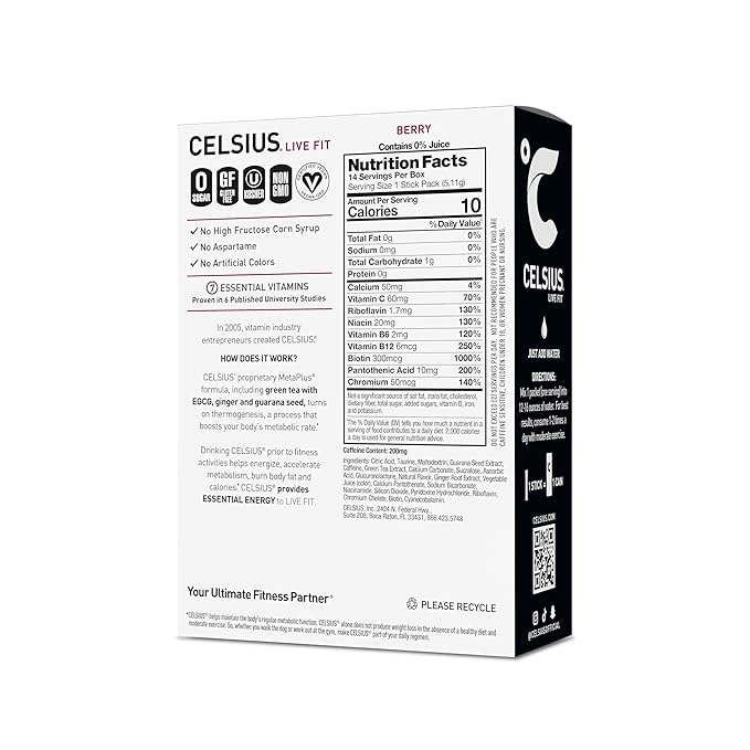 CELSIUS On-The-Go Powder Stick Packs, Zero Sugar (14 Sticks per Pack), Berry, 2.5 Ounce