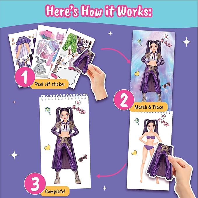 BSCOOL Sticker Dress up K-Pop - Sticker Activity Book for Kids. Learn Girls Fashion Design with Stickers and Guides for Kids 5 and up. K-Pop Singer Performance. Easter Gift for Girls