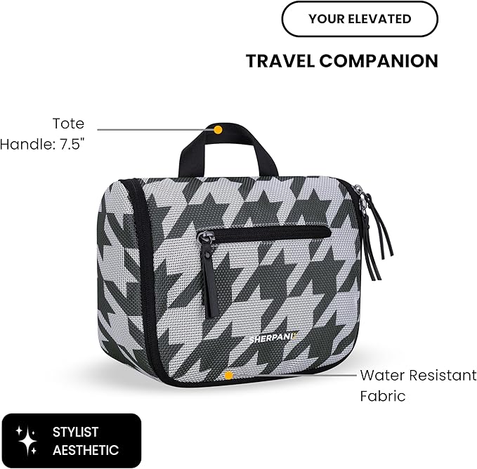 Sherpani Co-Pilot, Travel Toiletry Bag, Hanging Cosmetic Organizer, Water Resistant Makeup Bag, Shower Dopp Kit, Essentials Toiletries for Women, Travel Gift (Houndstooth)