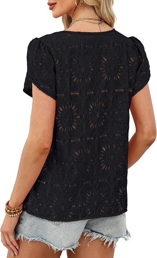 OFEEFAN Blouses for Women Dressy Casual Petal Short Sleeve Shirts Crochet Lace Boho Tops Spring Fashion Summer Outfits