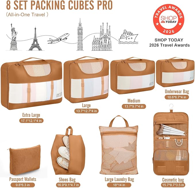 Veken 8 Set Packing Cubes for Travel Essentials, Suitcase Organizer Bags in 4 Sizes, Carry-On Luggage Accessories with Large Laundry Bag & Passport Holder, Must-Have for Airplane, Road Trip & Camping