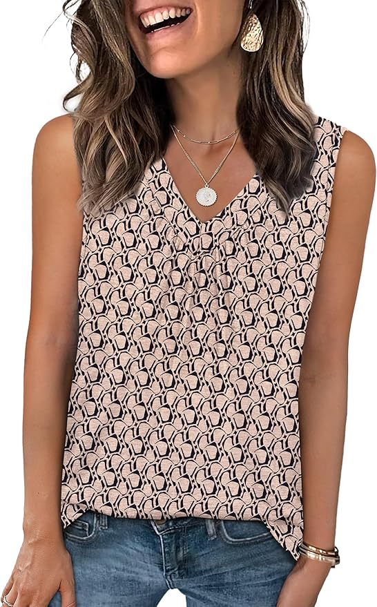 OFEEFAN Tank Top for Women Loose Fit Sleeveless Shirts V Neck Summer Clothes Ruched Women's Tees and Tanks Curved Hem