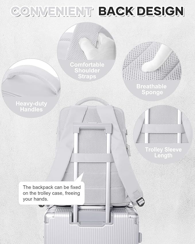 VECAVE Carry On Backpack for Women, Airline Approved Personal Item Large Travel Backpack Flight Approved, Waterproof Laptop Bag Business Work Gym Backpacks Men Grey Mochila De Viaje