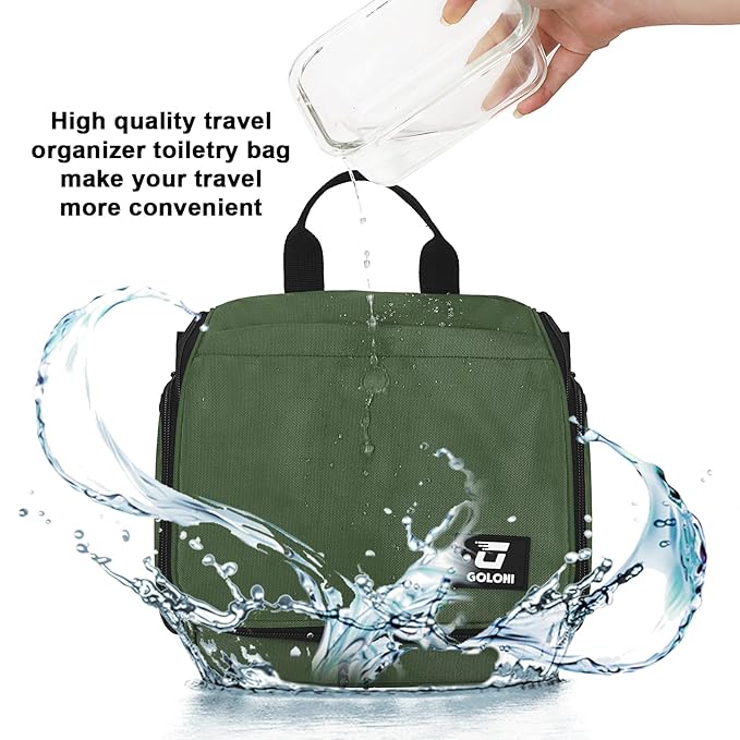 Goloni Hanging Toiletry Bag, 10 Compartments Water-Resistant Makeup Bag with 360° Spinning Metal Hook, Large Travel Cosmetic Organizer for Men & Women, Green (7.05oz)
