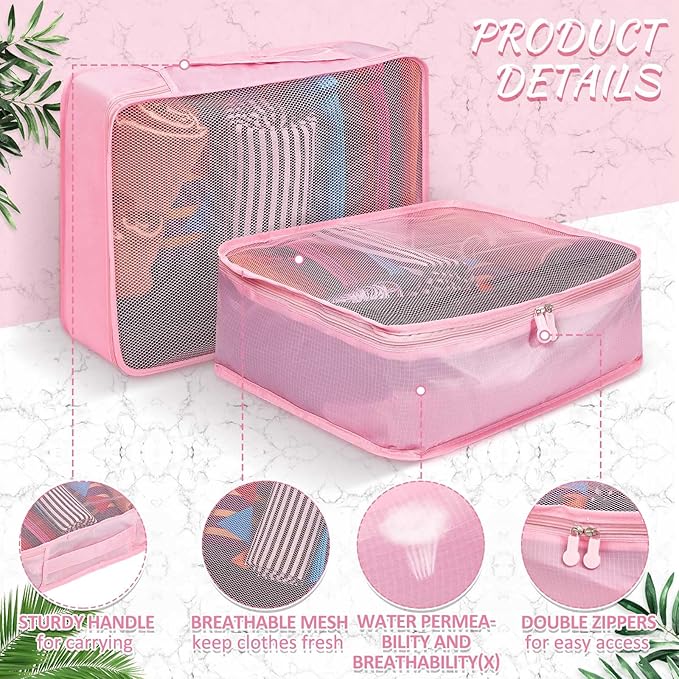 Silkfly 12 Pcs Packing Cubes for Suitcase Travel Luggage Bags Bulk Mesh Organizer Set for Hiking Camping Backpacking Clothes Accessories (Pink,XL, L, M Size)
