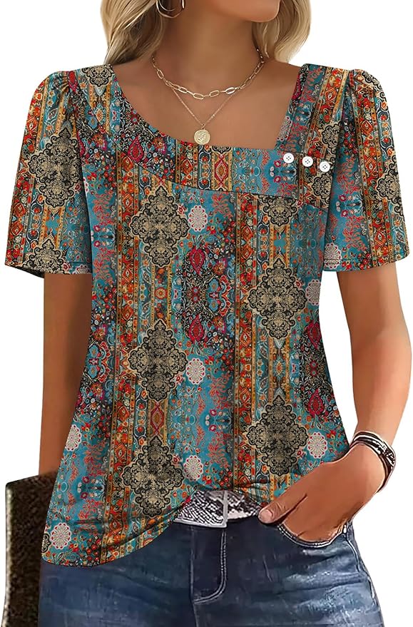 WIHOLL Womens Summer Tops Short Sleeve Shirts Square Neck Spring Outfits 2026 Fashion Clothing Blouses