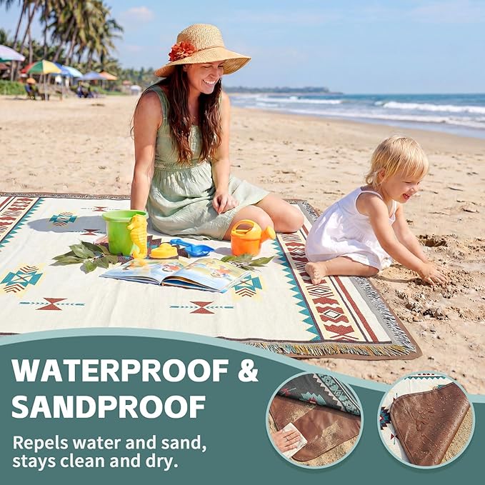 2 in 1 Extra Large Outdoor Picnic Mat Woven Summer Throw Blanket Boho Giant Beach Travel Essential Yoga Accessories Park Patio Lawn Garden Grass Ground Play Music Festival Concert Must Have