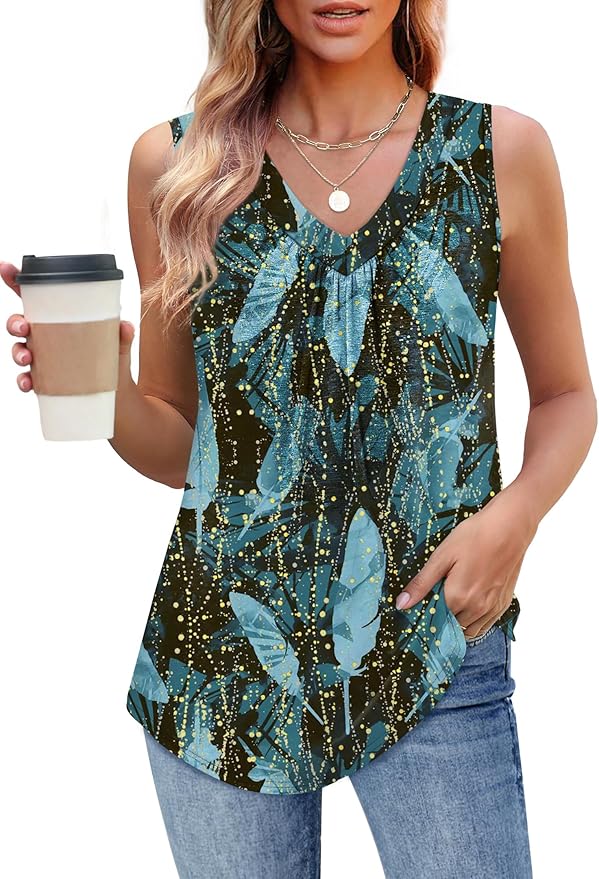 OFEEFAN Tank Top for Women Loose Fit Sleeveless Shirts V Neck Summer Clothes Ruched Women's Tees and Tanks Curved Hem
