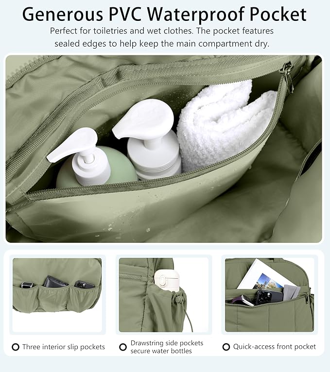 Lightweight Travel Duffle Bag for Women, Quilted Puffy Weekender with Wet Pocket for Gym, Overnight, Personal Item Carry On, Green