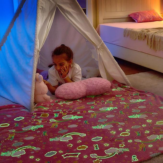 Wajade Rainbow Gifts for Girls - Glow in The Dark Rainbow Blanket Birthday Christmas Decor for Kids Age 3 4 5 6 7 8 9 10 11 12 Years Old Teens Child Toddler Throw Pink 50"x60"