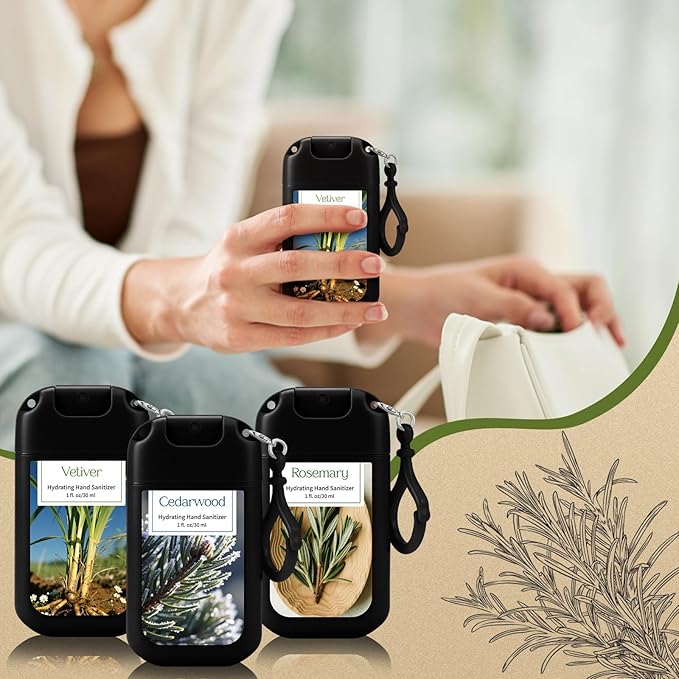 Set of 3 Power Mist Hydrating Hand Sanitizer Spray Bulk with Keychain Travel Size Refreshing Hand Sanitizer 1 Fl. oz Compact Spray Bottle Vetiver Cedarwood Rosemary Scent for Men Friends Gifts
