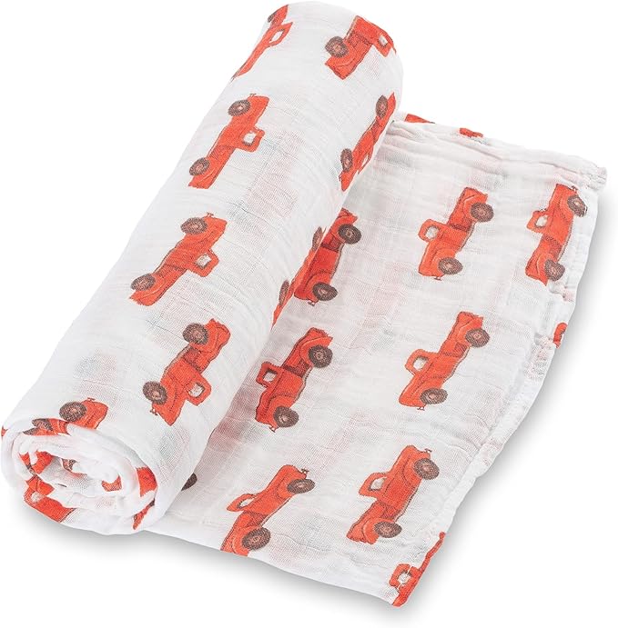 LollyBanks Muslin Swaddle Blanket, 100% Muslin Cotton Soft Baby Blankets for Boys, 47 X 47 Inches Breathable and Lightweight Baby Receiving Blankets, Newborn Essentials, Registry (Truck Print)