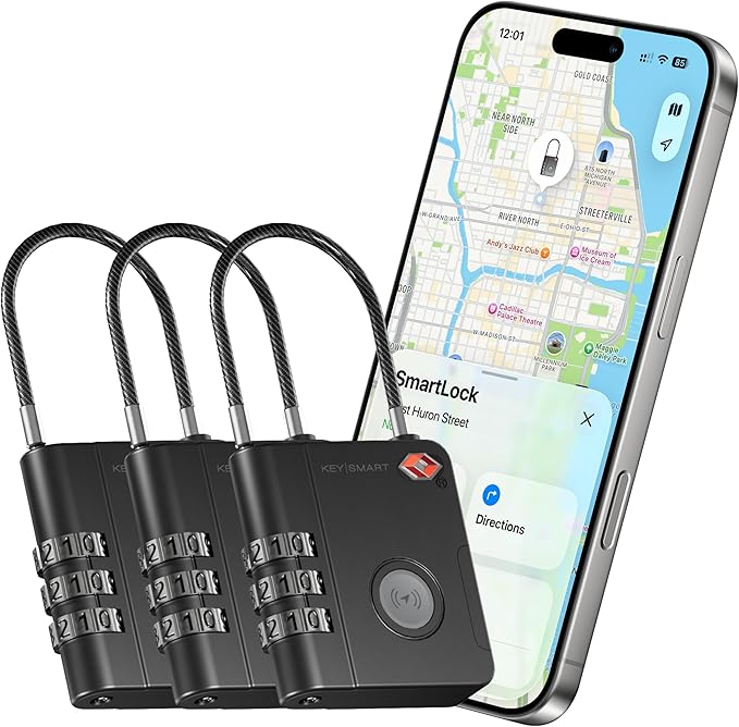 KeySmart SmartLock Tracking Luggage Locks, TSA Locks for Luggage, GPS Tracker, Combination Lock Compatible with Apple Find My App, Best Travel Essentials, Replaceable Non-Rechargeable Battery (3 Pack)