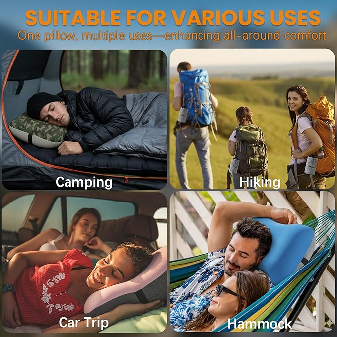 Antfuny Inflatable Neck Pillow for Camping Beach SUV Car Travel Kid Adult Small Portable Air Blow Pop Up Tent Essential Gear for Rock Chair Cot Memory Foam Sleep Pad Bag Bed Hammock Mat Accessories