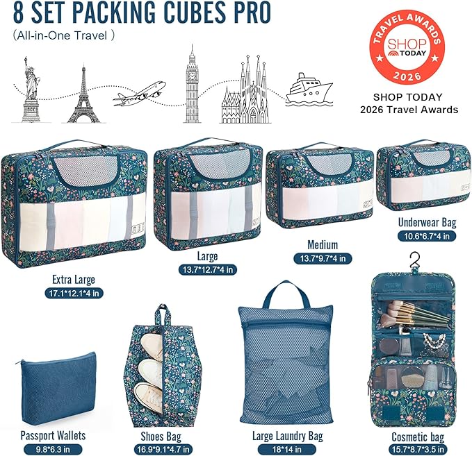 Veken 8 Set Packing Cubes for Travel Essentials, Suitcase Organizer Bags in 4 Sizes, Carry-On Luggage Accessories with Large Laundry Bag & Passport Holder, Must-Have for Airplane, Road Trip & Camping