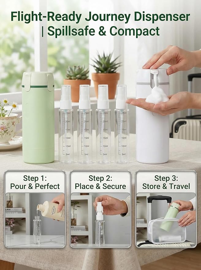 4 in 1 Travel Dispenser Bottle Set, Leakproof TSA Travel Size Containers for Toiletries, Portable Refillable Bottles, Hard Shell Rotating Design with Scale and Labels (Green, 4 Pack) (1, White)