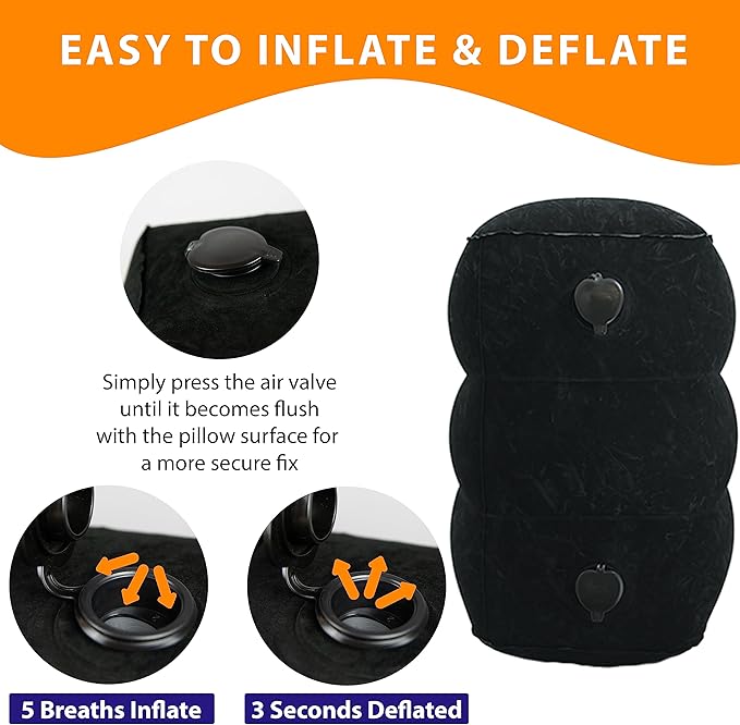 Inflatable Travel Foot Rest Pillow - Adjustable Leg Rest for Airplane, Car, Train, Home & Office, Comfortable Seat Extender for Kids - Black