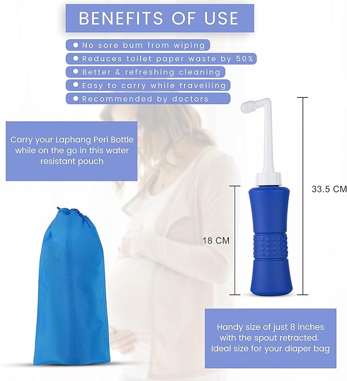XL laphang Portable Bidet 500ml Blue Peri Bottle with Waterproof Pouch and Cap – PP + TPR, Leak Proof & Scratch Resistant –Perineal Bottle for Postpartum Hemorrhoids Healing, Maternity Kit Essentials
