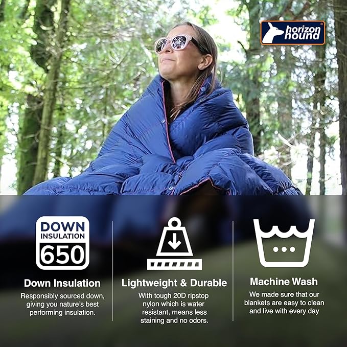 Horizon Hound Down Camping Blanket 650 Fill Power - Ultralight Backpacking Quilt (1lb 6oz) Warm & Water-Resistant 20D Nylon Shell for Outdoors, Camping, Hiking, Travel, & Stadium - Packable