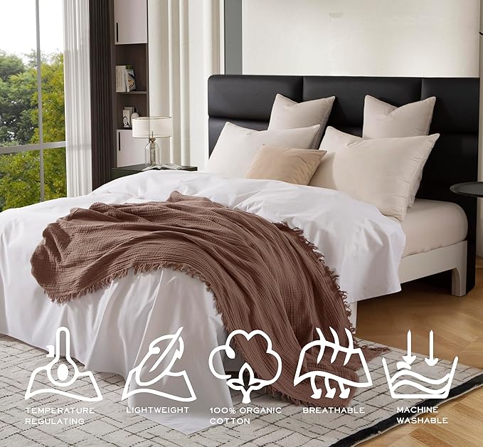 KyraHome 100% Cotton Throw Blankets, 90“x90” Queen, Organic Cotton Muslin Blanket, Plant Dyed, Breathable Lightweight Gauze Blankets for Adults, Bed, Couch, All Season, (Brown)