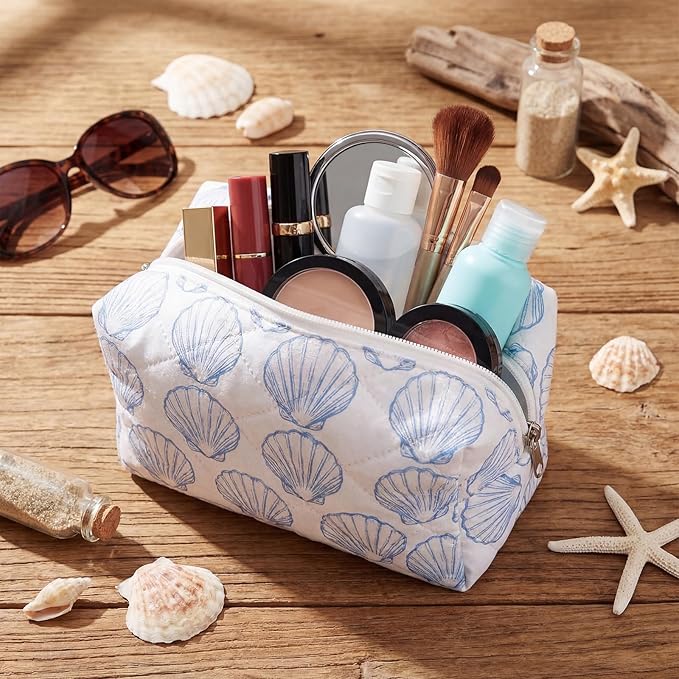Hillban Ocean Quilted Cosmetic Bag Ocean Themed Gift Starfish Coral Seashell Essential Makeup Bag for Women Summer Travel Vacation Survival Kit Mother's Day Bulk Gift 8.7 x 4.3 x 4.3 in(Seashell)