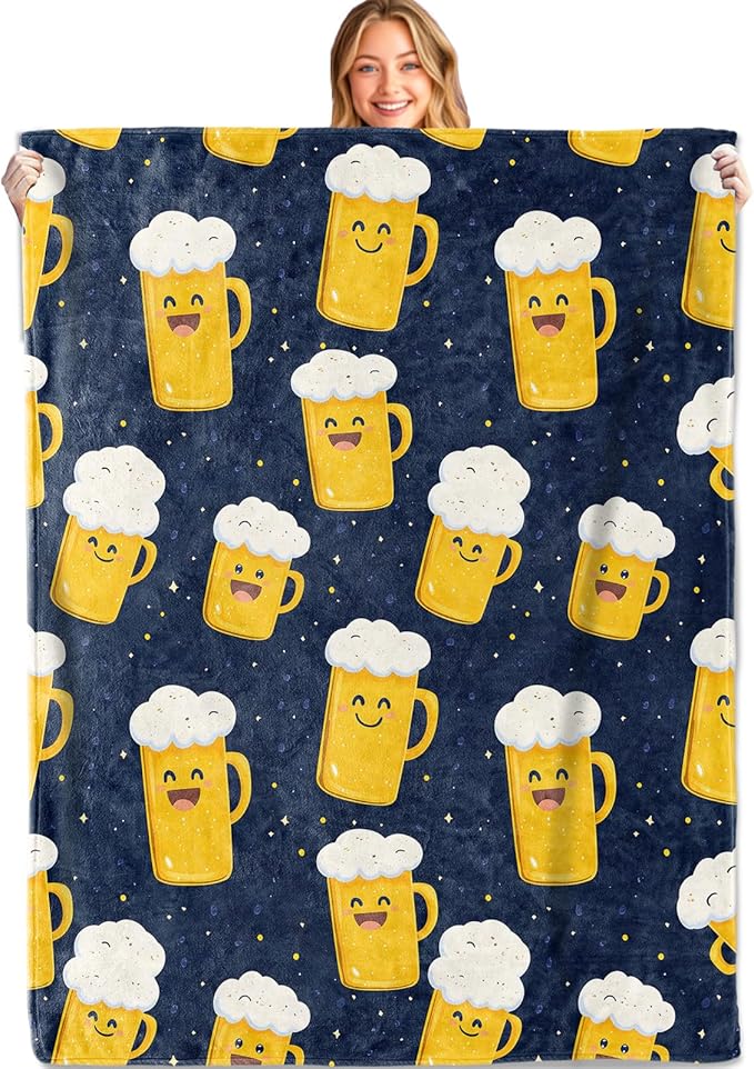 Cheerful Beer Mug Throw Blanket,50x60in,Soft,Lightweight Flannel,Cartoon Smiling Beers Blankets - Gifts for Women Men,for Couch Office Travel,Home Living Room Fun Decor