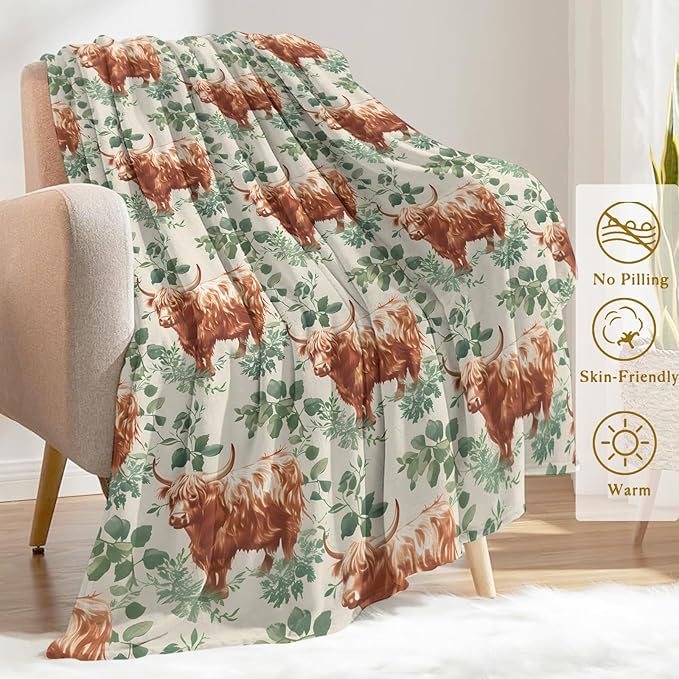 Highland Cow Flannel Blanket - Farm Animal Cattle and Greenery Throw - Lightweight Soft Cozy Gifts Blankets for Kids Adult,Modern Home Room Bedroom Rustic Country Decor 60x80in