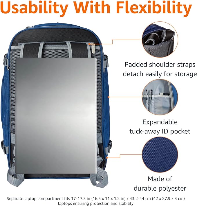 Amazon Basics Travel Backpack, Carry-On with Laptop Compartment, 40L Expandable Storage, Dual Use Backpack & Shoulder Bag with Multiple Compartments and Pockets, 15.8"W x 21.5"H x 8.3"D, Navy