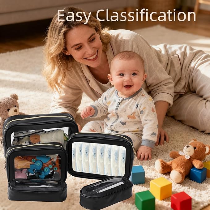 5PCS Diaper Bag Organizer Pouch Set，Clear Organizer Bags,TSA Approved Toiletry Bag,Clear Waterproof Cosmetic Bags with Zipper,Purse Organizer Pouches,Travel Organizer Bags for Woman and Kids,Black