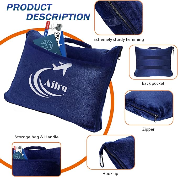 Travel Blanket Airplane Pillow, Premium Soft Polyester 2 in 1 Travel Pillow Airplane Blanket with Soft Bag Pillow Case Travel Essentials with Storage Bag and Handle Belt (Blue)